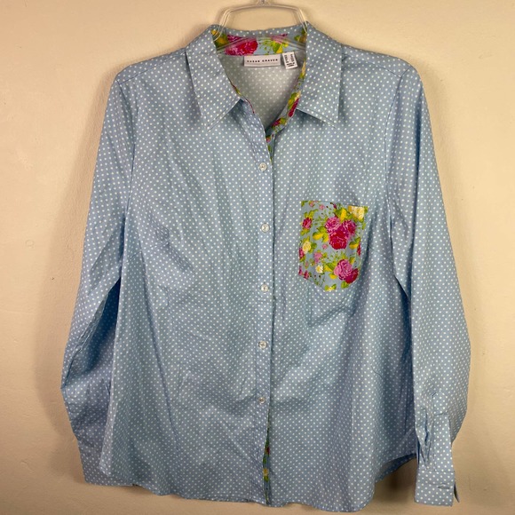 💥BOGO💥 Susan Graver Blue Polka Dot Blouse with Floral Pocket - Picture 2 of 10